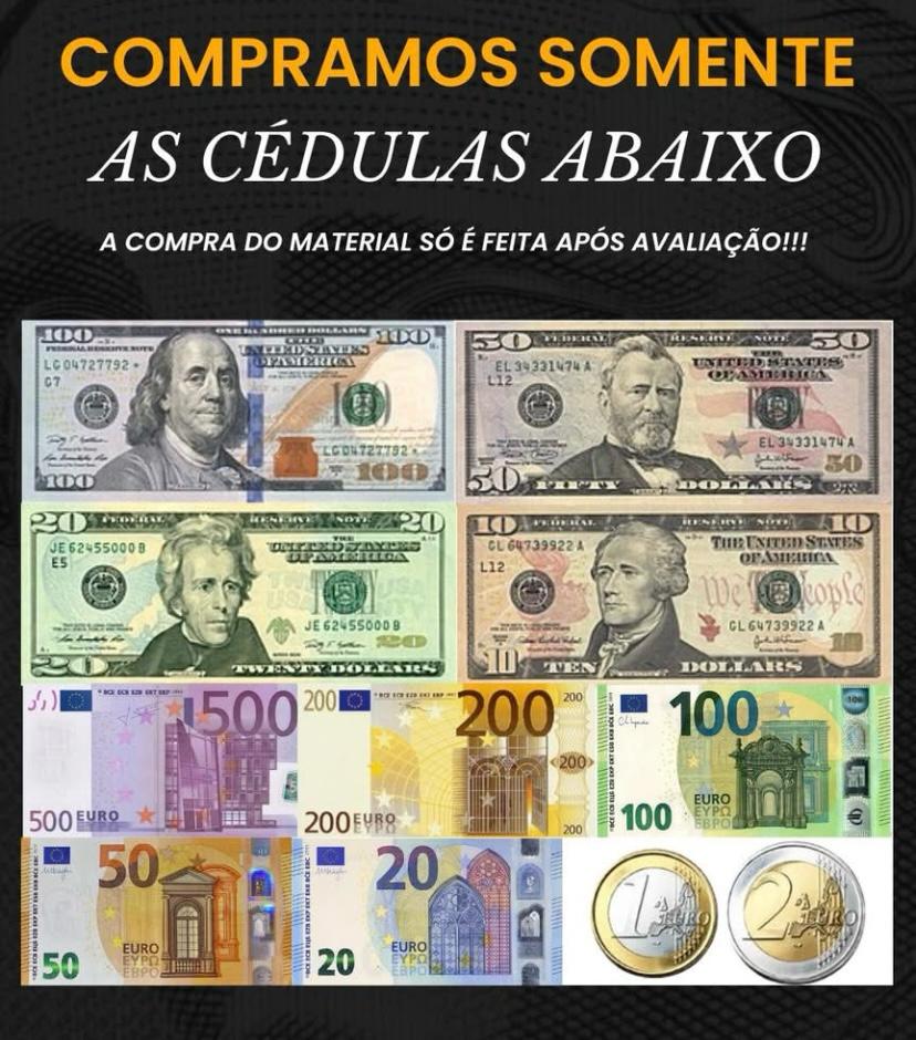 Cédulas estrangeiras — dólares e euros